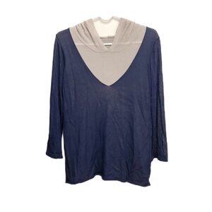 Vintage Womens Faux Two Piece Blouse Hooded Top Long Sleeve Navy Gray Casual Y2K